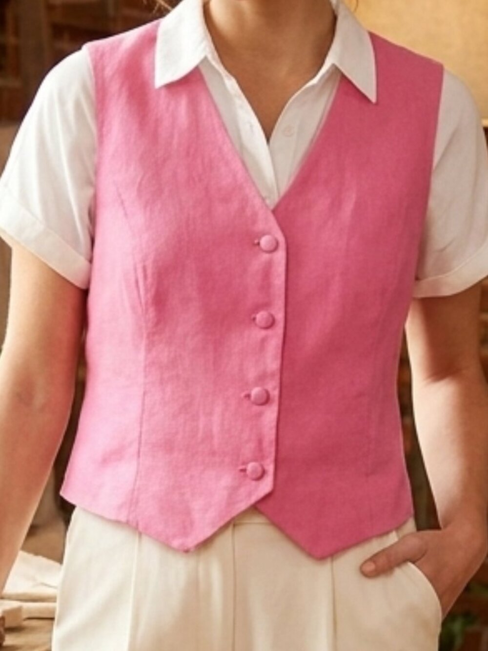 MOTF Pink 100% Linen Button-Front Cropped Vest Size L Large